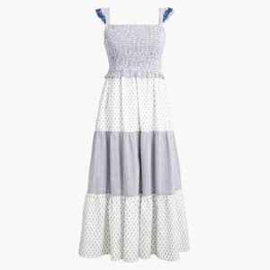 J. Crew Blue and White Smocked Tiered Midi Sundress